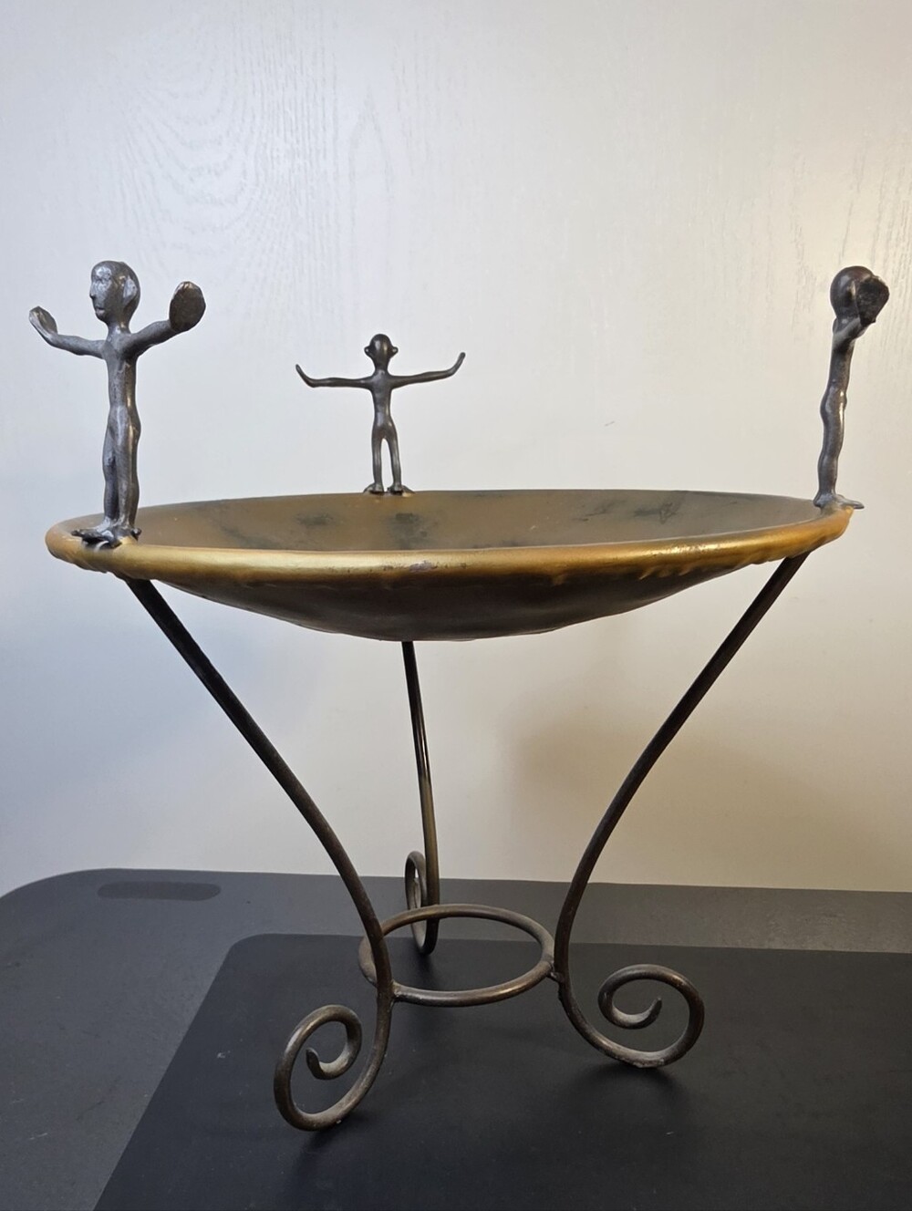 Vintage Sculptural Metal Tray With Standing Figurine Accents